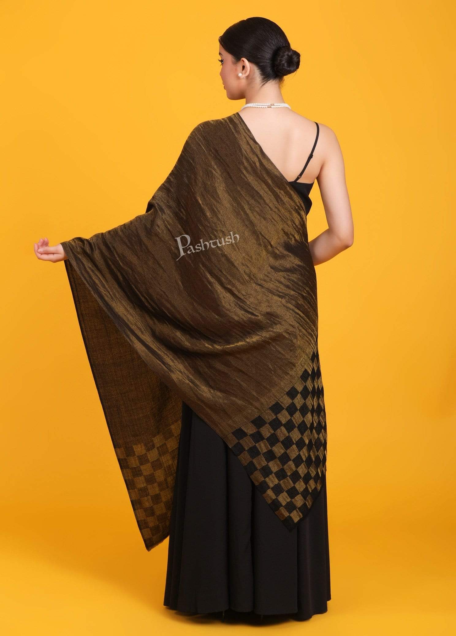 Pashtush Shawl Store Stole Pashtush Womens Twilight Checkered Scarf, With Shimmery Zari  thread Weave, Black and Gold