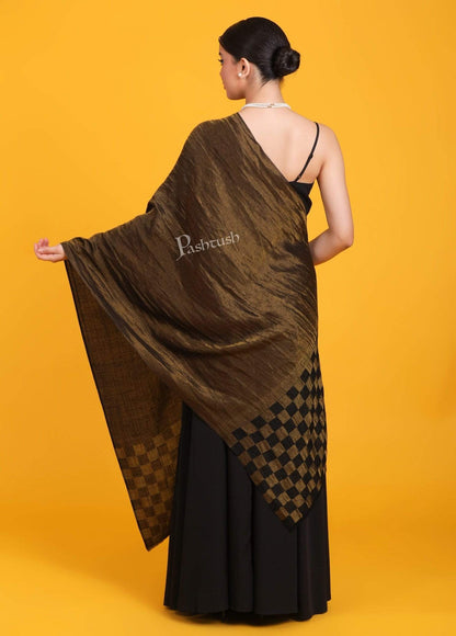 Pashtush Shawl Store Stole Pashtush Womens Twilight Checkered Scarf, With Shimmery Zari  thread Weave, Black and Gold