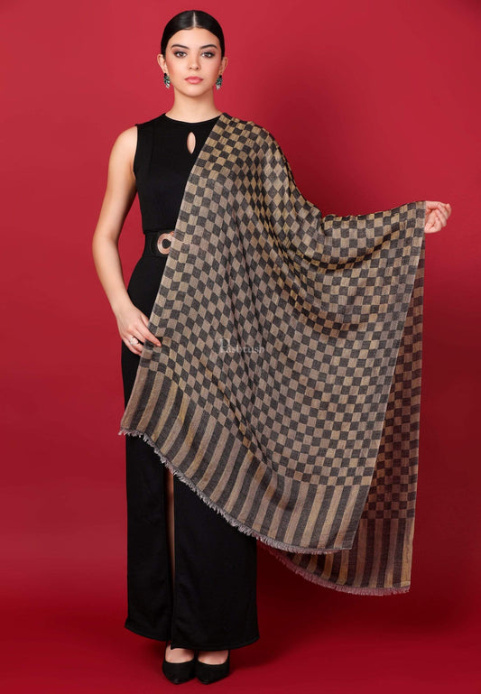Pashtush India 70x200 Pashtush Womens Twilight Checkered Scarf, With Shimmery Zari  thread Weave, Black and Gold