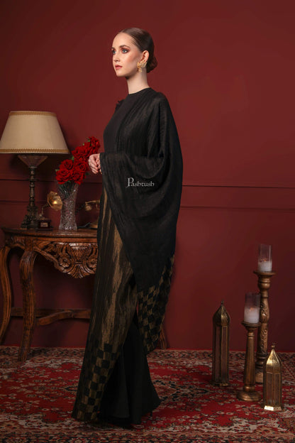 Pashtush India 70x200 Pashtush Womens Twilight Checkered Scarf, With Shimmery Zari  thread Weave, Black and Gold