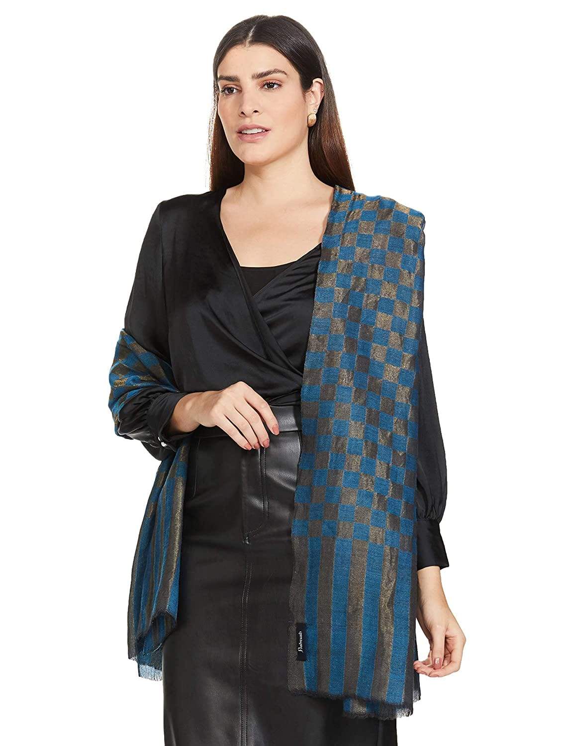 Pashtush India 70x200 Pashtush Womens Twilight Checkered Scarf, With Shimmery Zari Thread Weave, Blue And Golden