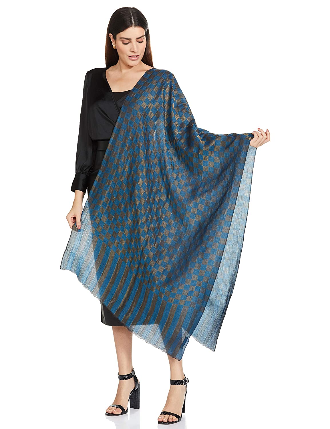 Pashtush India 70x200 Pashtush Womens Twilight Checkered Scarf, With Shimmery Zari Thread Weave, Blue And Golden