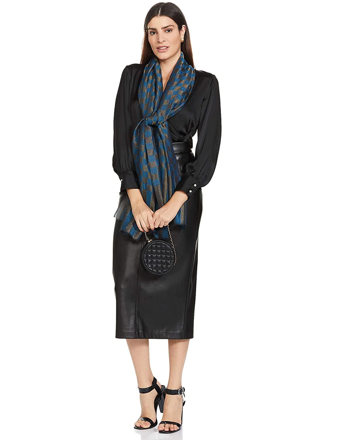 Pashtush India 70x200 Pashtush Womens Twilight Checkered Scarf, With Shimmery Zari Thread Weave, Blue And Golden