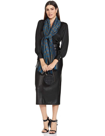 Pashtush India 70x200 Pashtush Womens Twilight Checkered Scarf, With Shimmery Zari Thread Weave, Blue And Golden