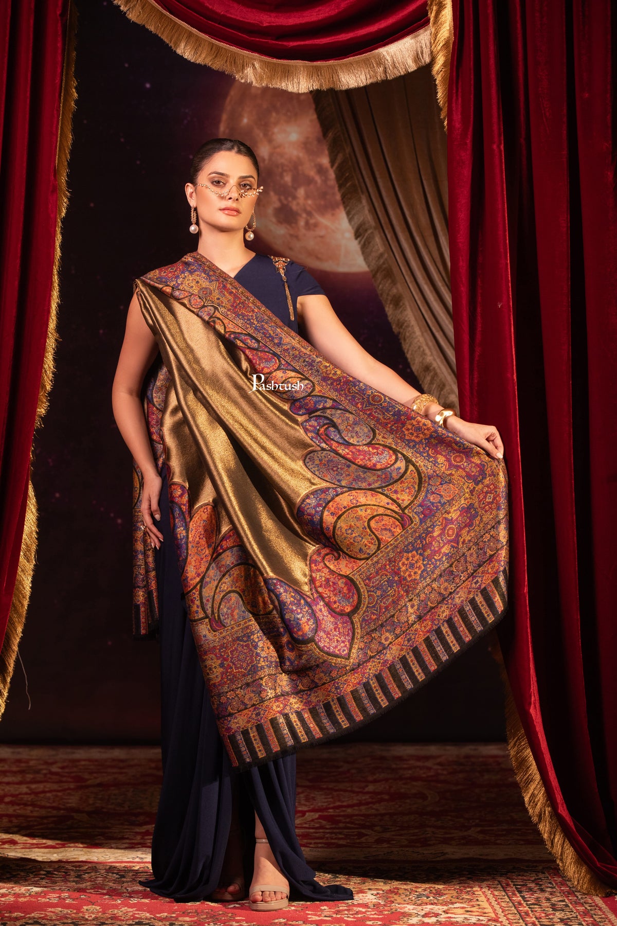 Pashtush India Womens Shawls Pashtush Womens Twilight Collection, Fine Wool Shawl, Woven Paisley Palla, Reversible