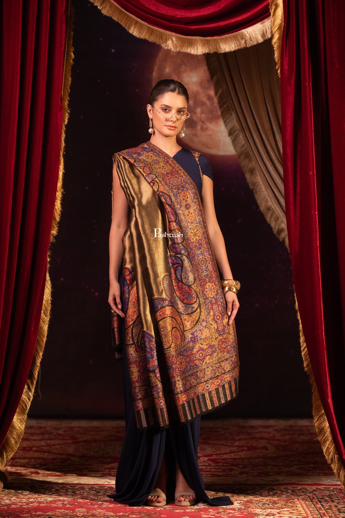 Pashtush India Womens Shawls Pashtush Womens Twilight Collection, Fine Wool Shawl, Woven Paisley Palla, Reversible