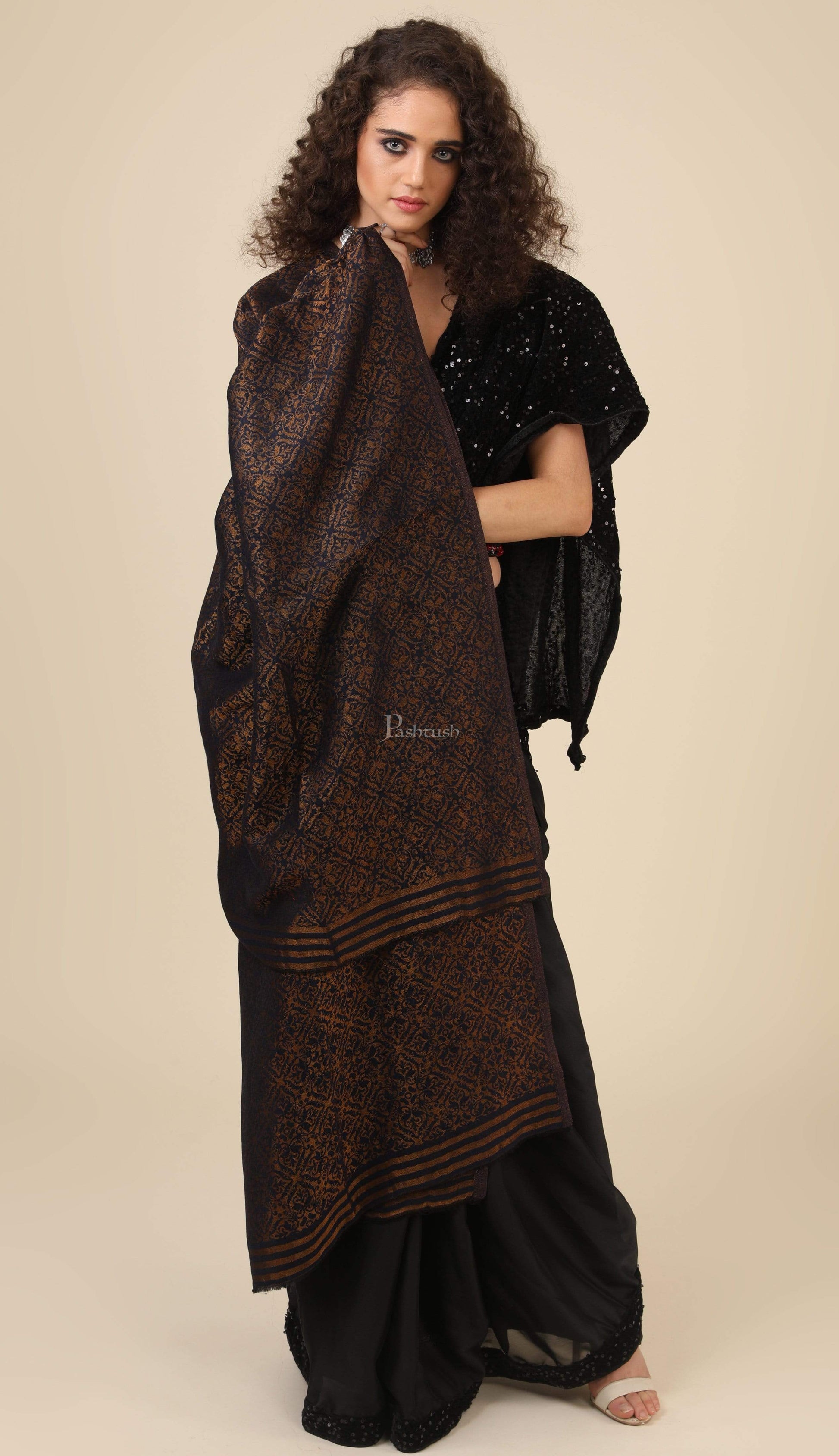 Pashtush India 70x200 Pashtush Womens Twilight Collection, Jacquard Stole, With Metallic Thread Weave, Fine Wool
