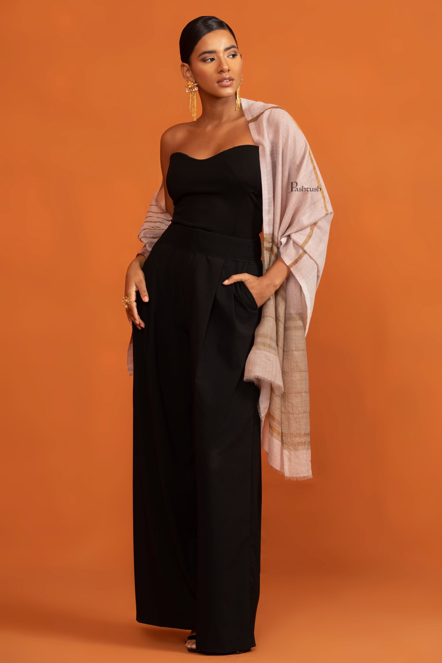 Pashtush India womens scarf and Stoles Pashtush Womens Twilight Collection Stole, Extra Soft Wool Silk with Striped Metallic Weave, Beige and Pink