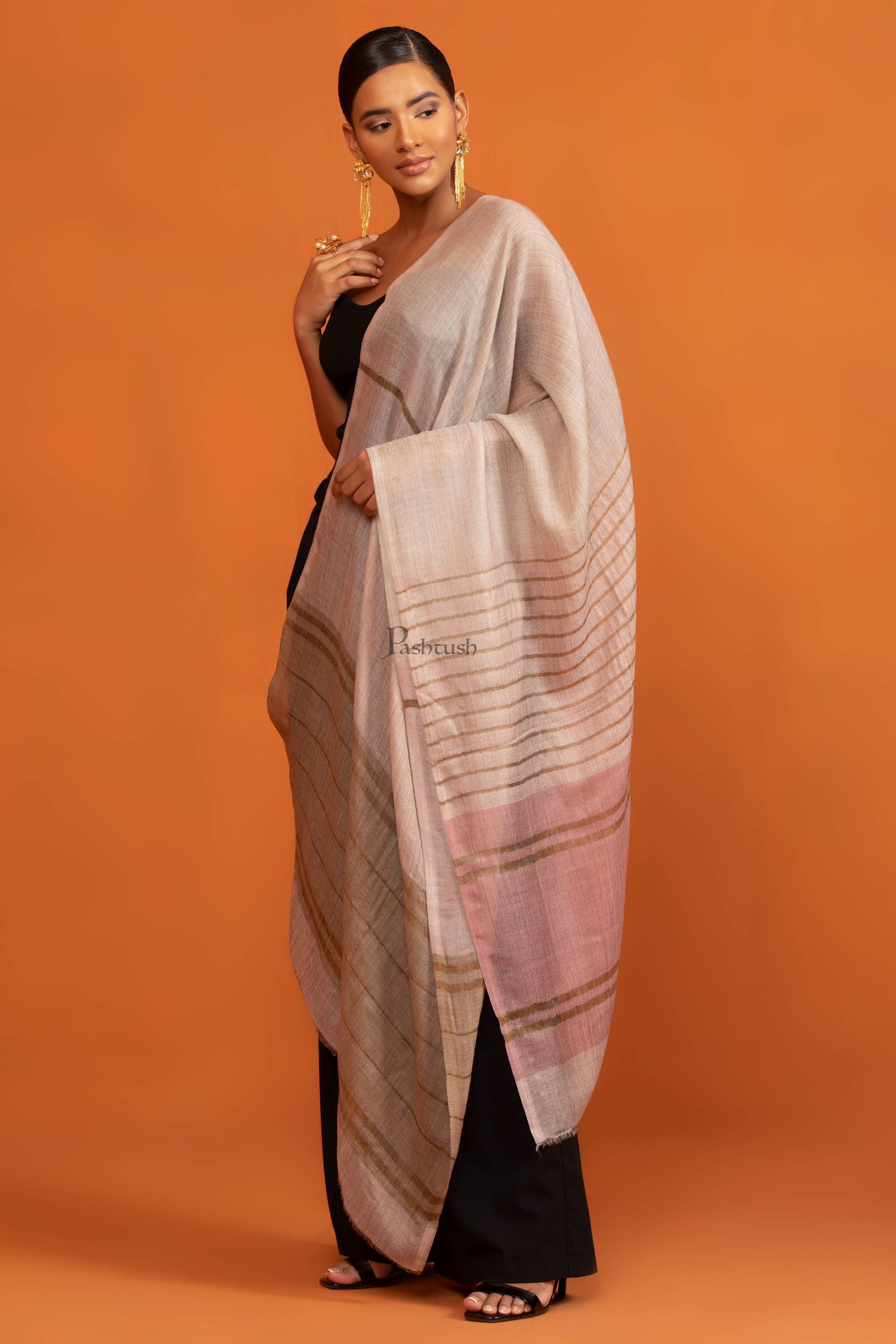 Pashtush India womens scarf and Stoles Pashtush Womens Twilight Collection Stole, Extra Soft Wool Silk with Striped Metallic Weave, Beige and Pink