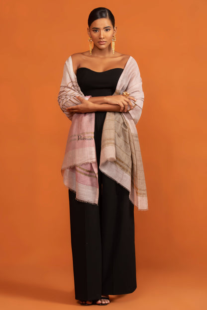 Pashtush India womens scarf and Stoles Pashtush Womens Twilight Collection Stole, Extra Soft Wool Silk with Striped Metallic Weave, Beige and Pink