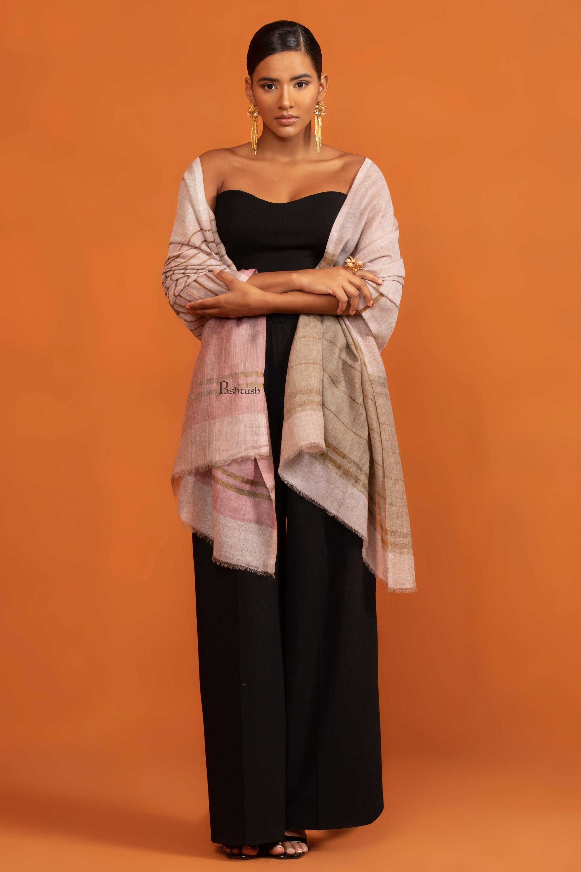 Pashtush India womens scarf and Stoles Pashtush Womens Twilight Collection Stole, Extra Soft Wool Silk with Striped Metallic Weave, Beige and Pink