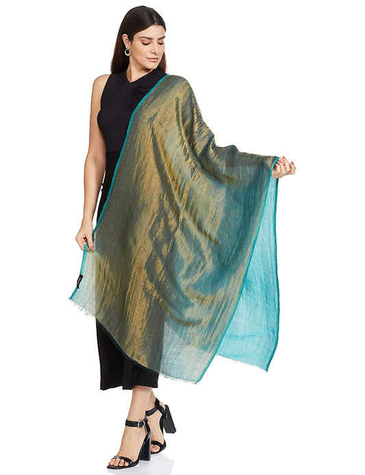 Pashtush India 70x200 Pashtush Womens Twilight Scarf, Reversible Golden Weave, Aqua Blue And Gold