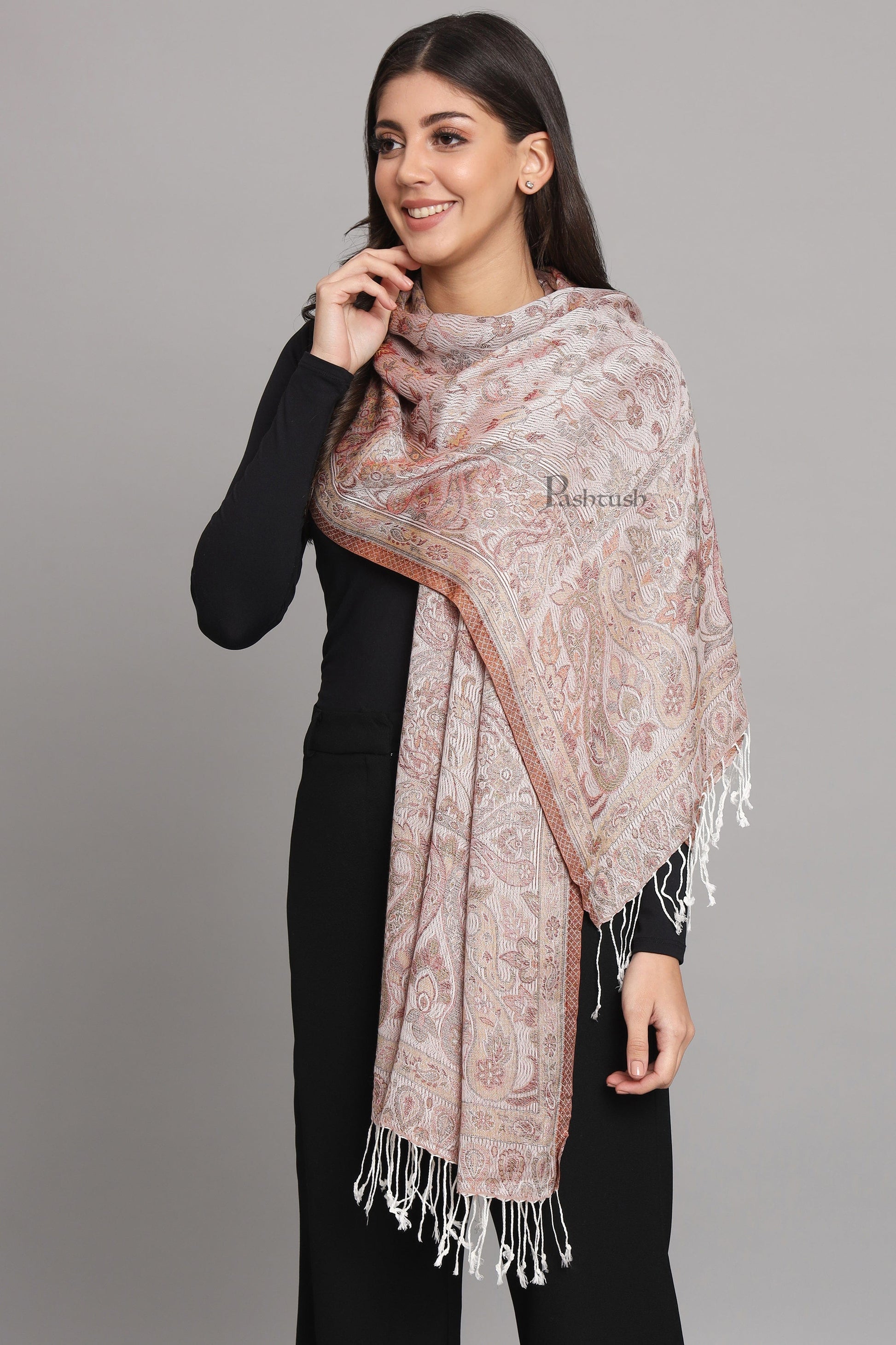 Pashtush India Womens Stoles and Scarves Scarf Pashtush Womens Velvet Stole, Pasiley Design, Emily Ivory