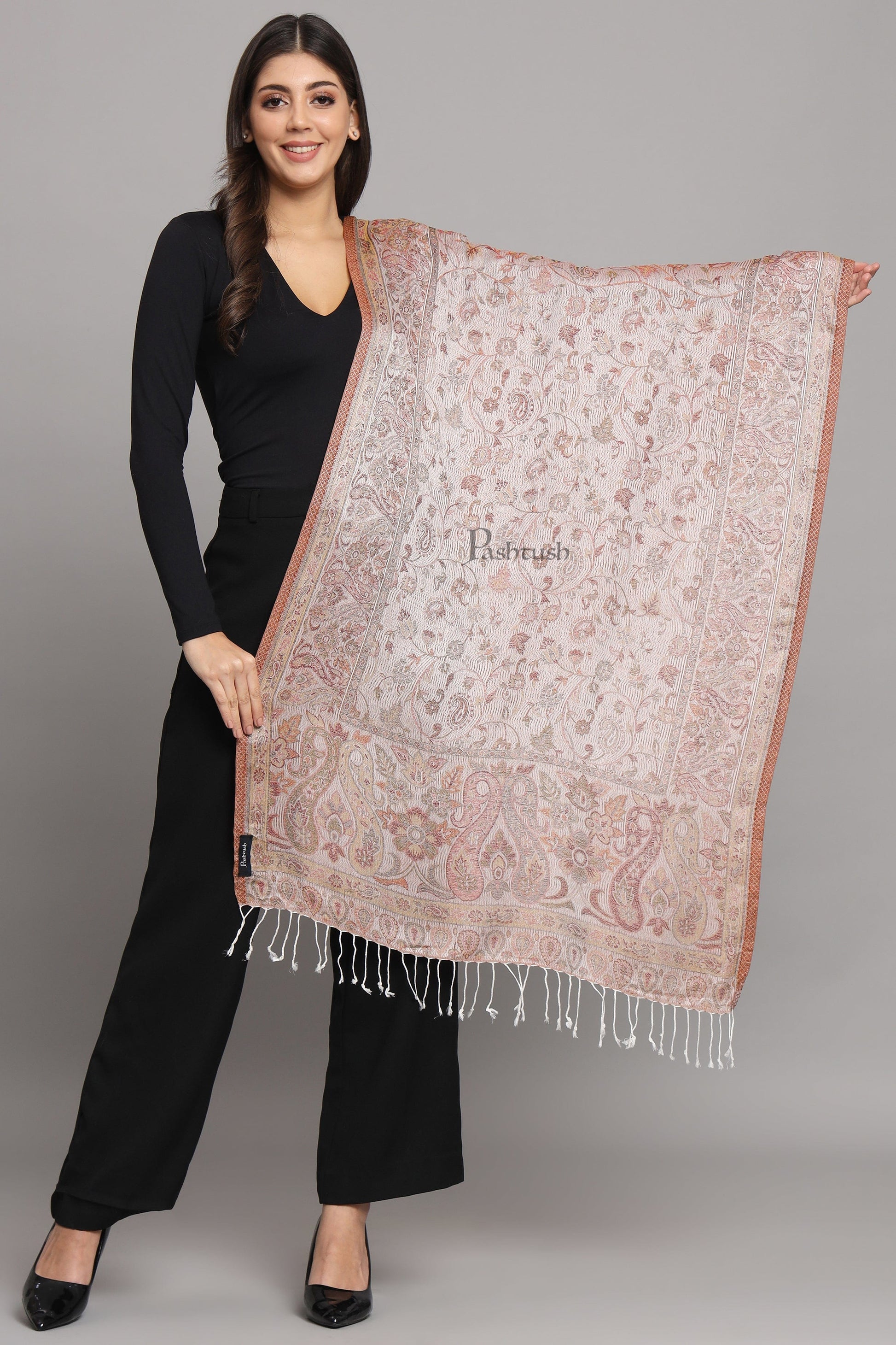 Pashtush India Womens Stoles and Scarves Scarf Pashtush Womens Velvet Stole, Pasiley Design, Emily Ivory