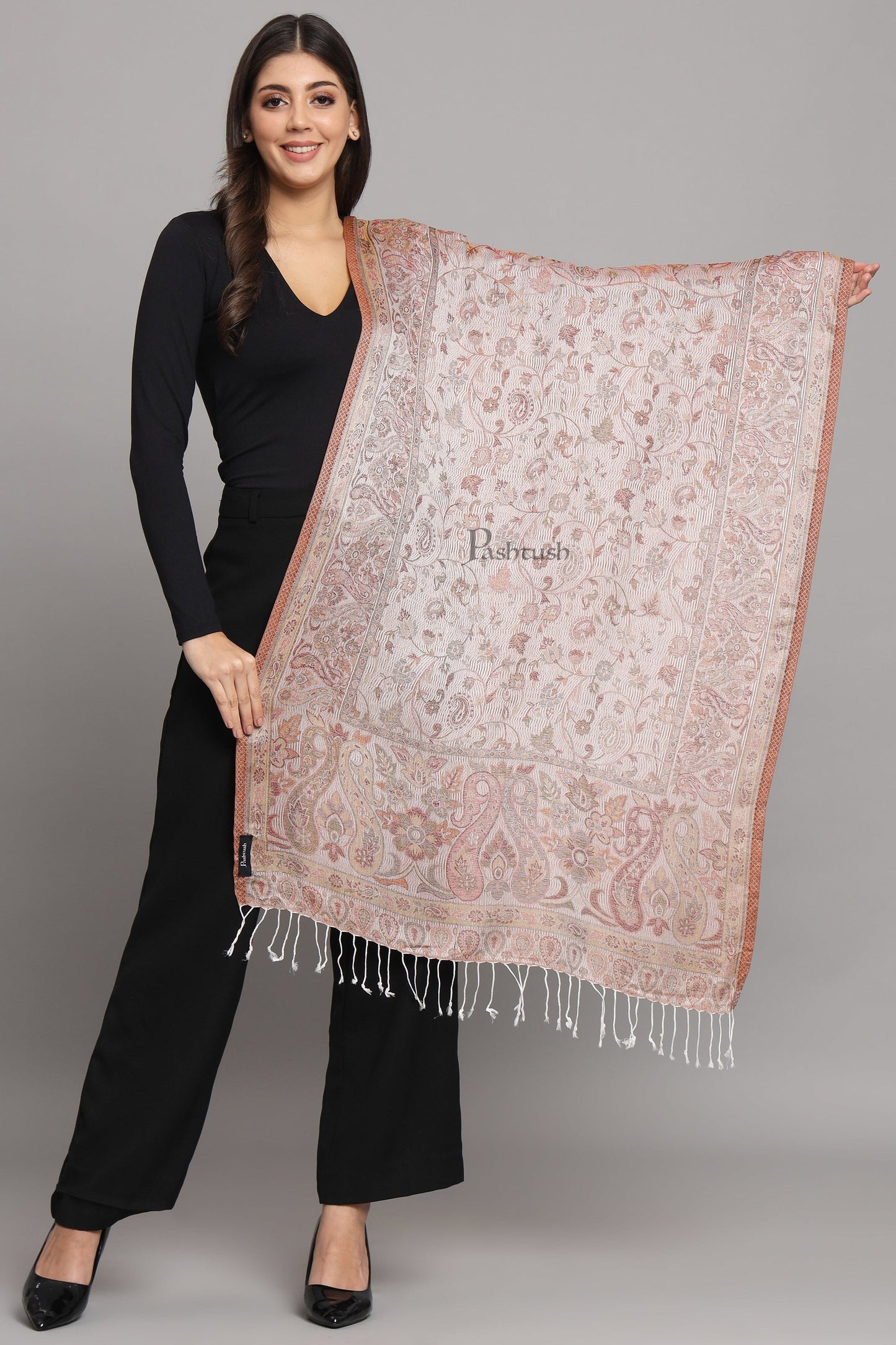Pashtush India Womens Stoles and Scarves Scarf Pashtush Womens Velvet Stole, Pasiley Design, Emily Ivory