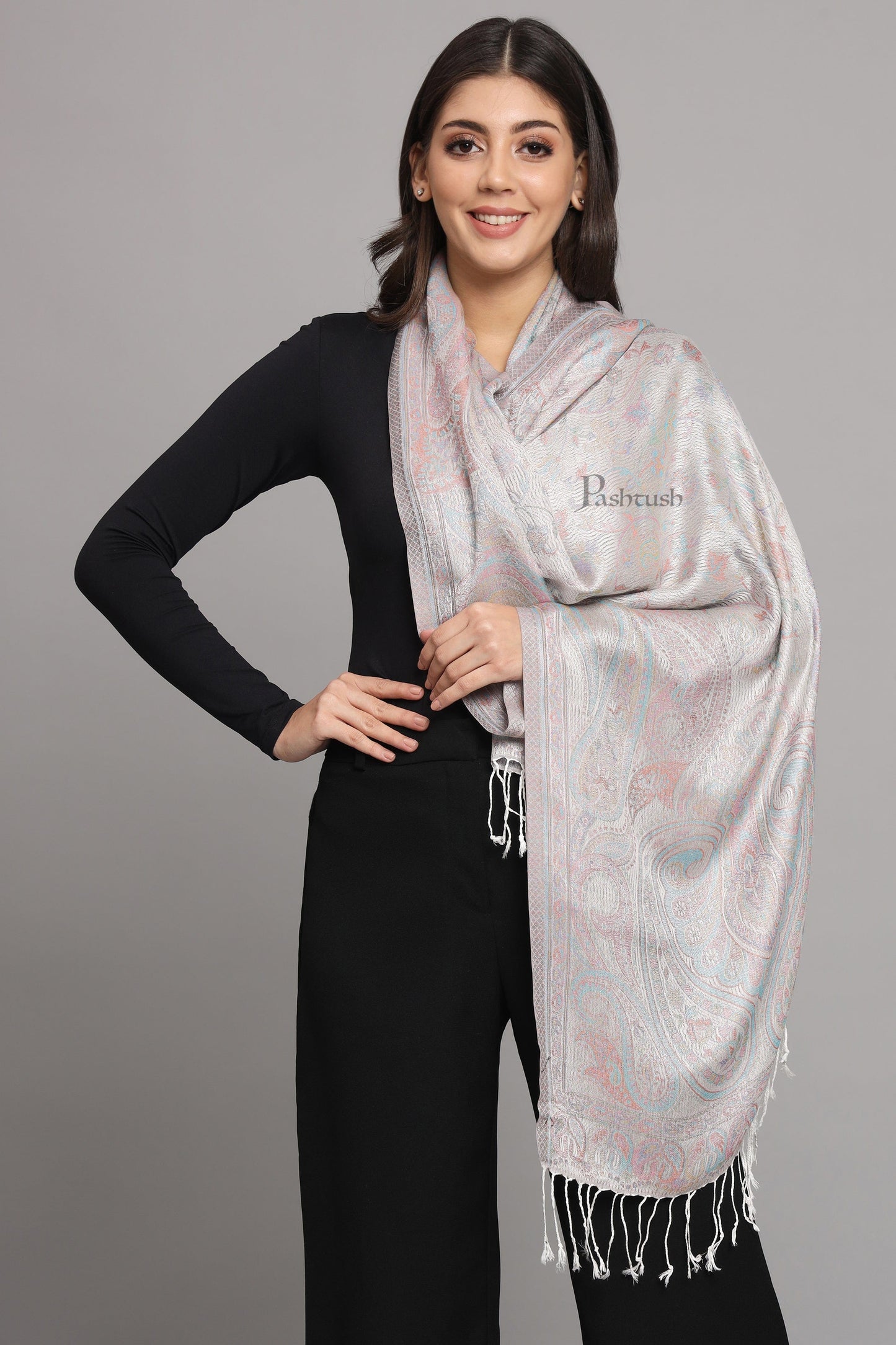 Pashtush India Womens Stoles and Scarves Scarf Pashtush Womens Viscose Stole, Pasiley Design, Emily Ivory