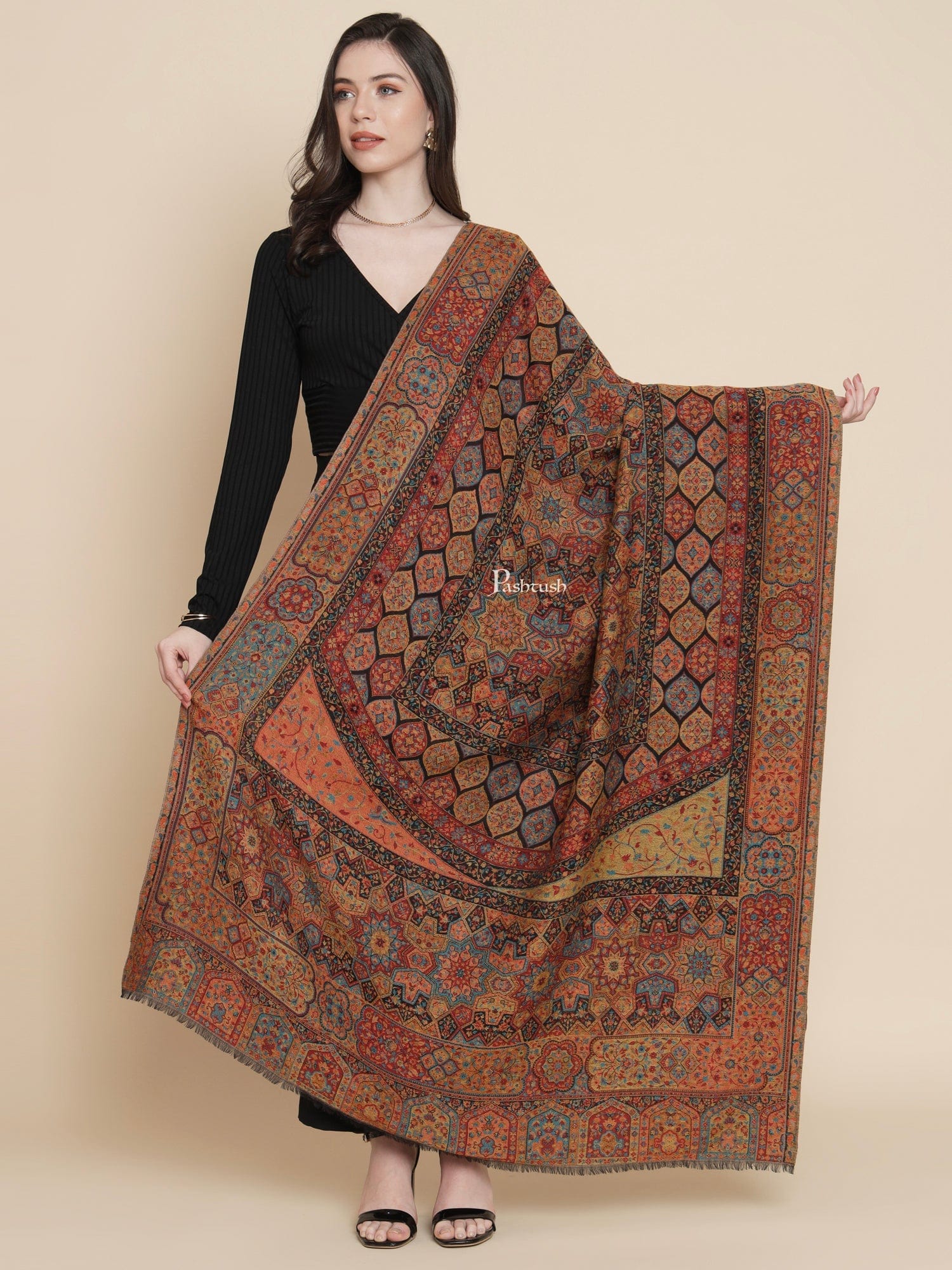 Pashtush India Womens Shawls Pashtush Womens Womens, 100% Pure Wool With Woolmark Certificate, Aztec Rich Garden Aesthetic Woven, Black