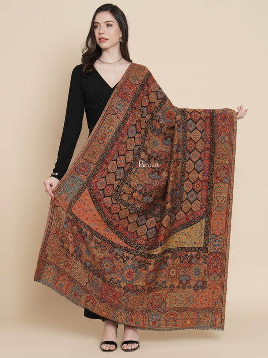 Pashtush India Womens Shawls Pashtush Womens Womens, 100% Pure Wool With Woolmark Certificate, Aztec Rich Garden Aesthetic Woven, Black
