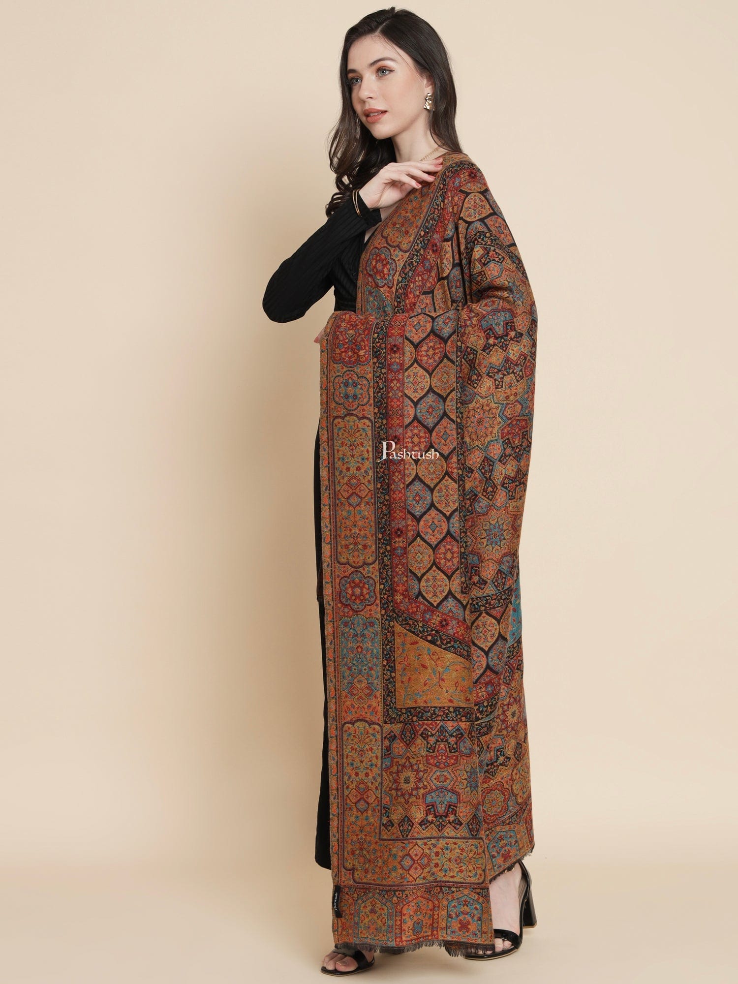 Pashtush India Womens Shawls Pashtush Womens Womens, 100% Pure Wool With Woolmark Certificate, Aztec Rich Garden Aesthetic Woven, Black