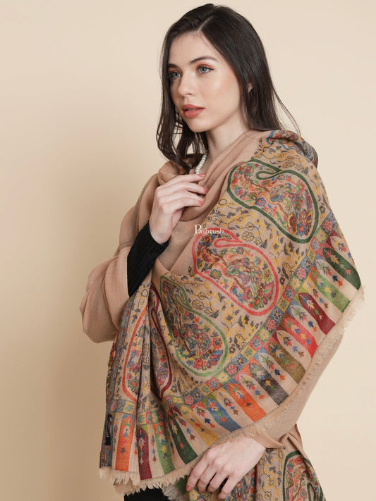 Pashtush India Womens Shawls Pashtush Womens Womens, 100% Pure Wool With Woolmark Certificate, Paisley Beautilful Paisle Woven, Beige