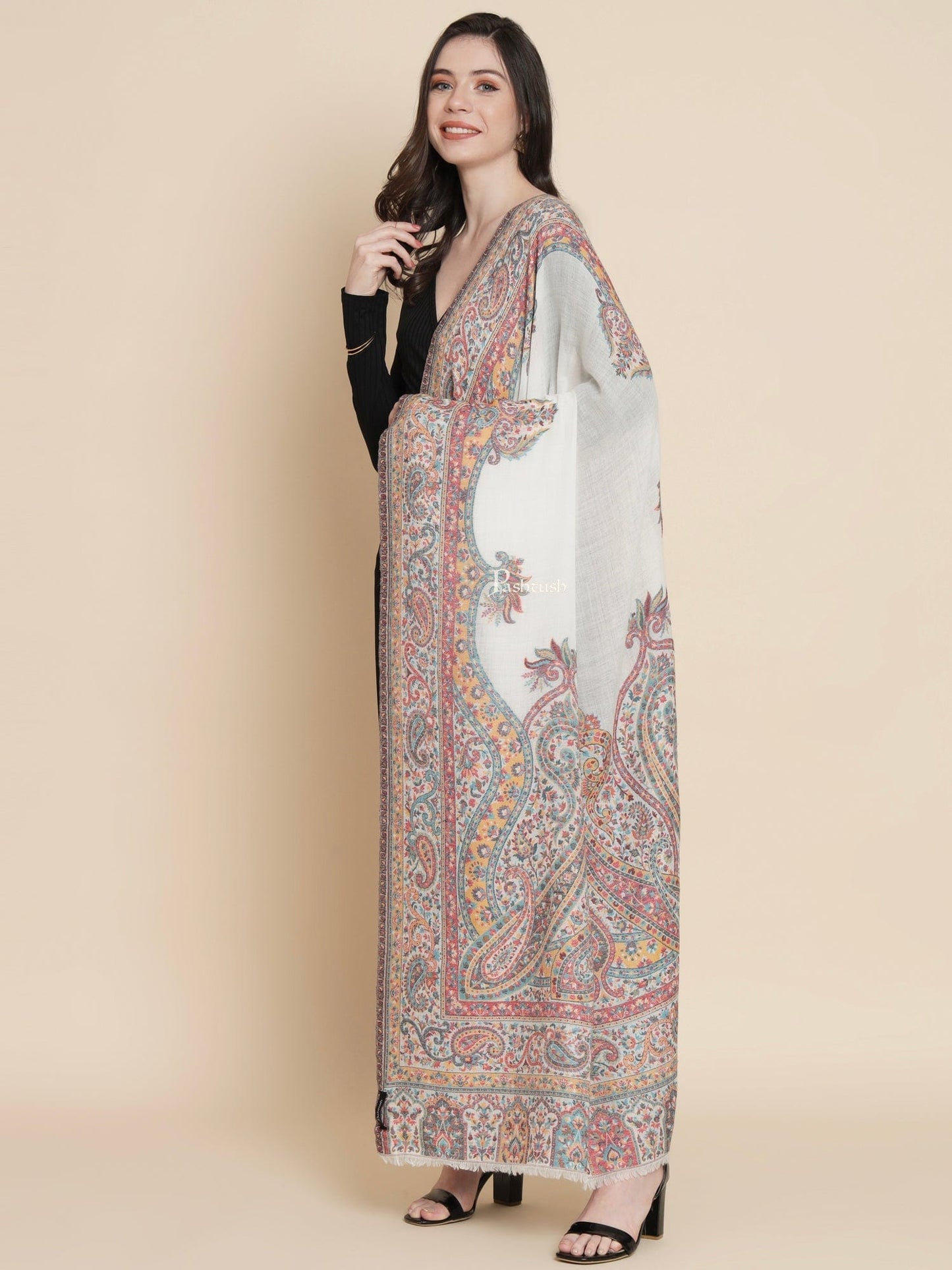 Pashtush India Womens Shawls Pashtush Womens Womens, 100% Pure Wool With Woolmark Certificate, Paisley Heritage Antique Woven, Ivory