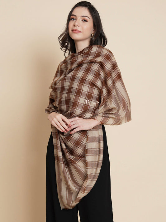 Pashtush India Womens Shawls Pashtush Womens Womens, Extra Fine Wool, Checkered Bold Woven, Coffee