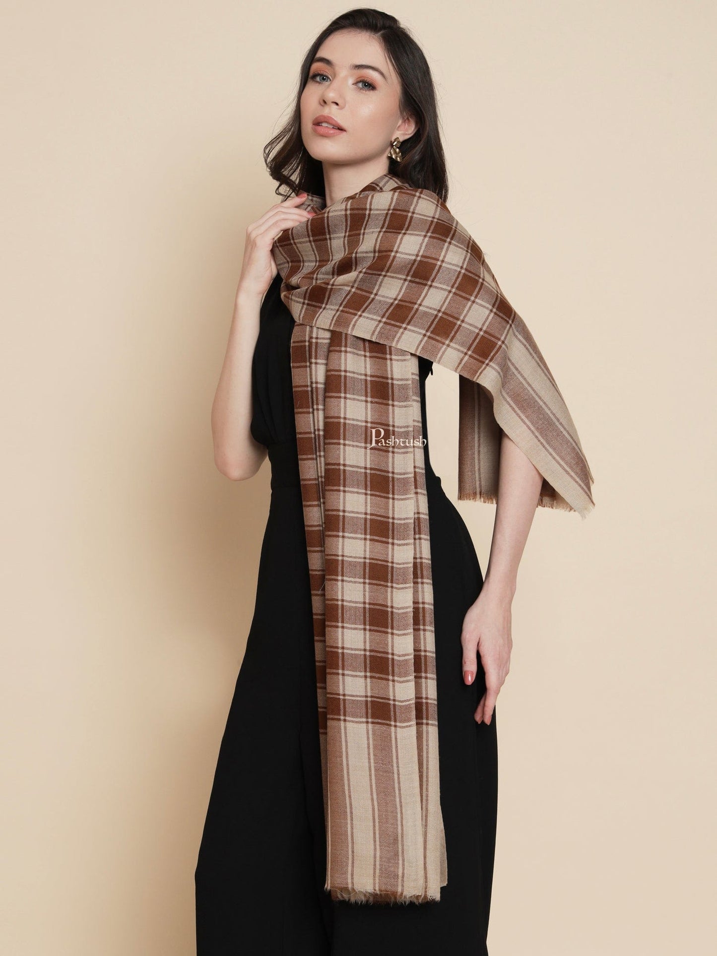 Pashtush India Womens Shawls Pashtush Womens Womens, Extra Fine Wool, Checkered Bold Woven, Coffee