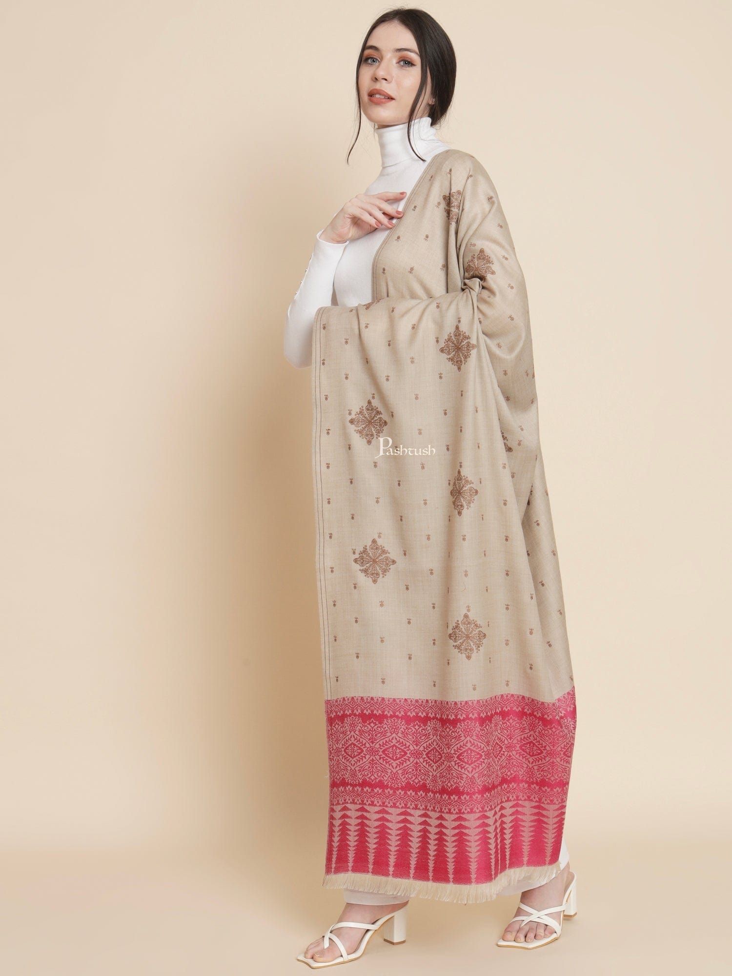 Pashtush India Womens Shawls Pashtush Womens Womens, Fine Wool, Bootey Kashmiri Embroidery, Beige