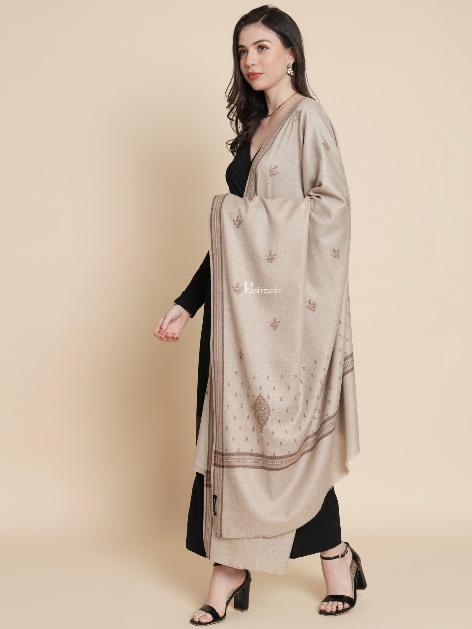 Pashtush India Womens Shawls Pashtush Womens Womens, Fine Wool, Bootey Kashmiri Embroidery, Taupe