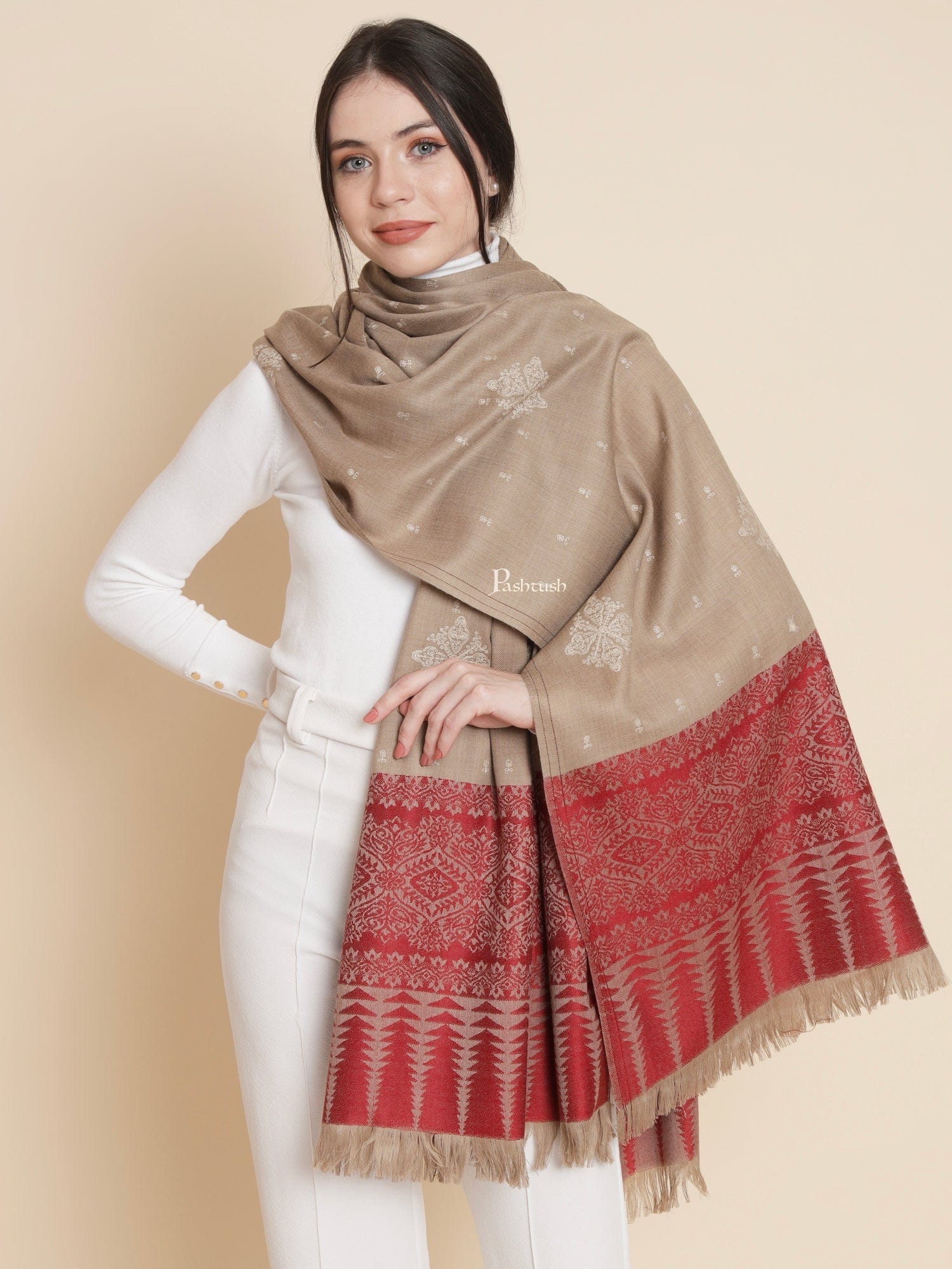 Pashtush India Womens Shawls Pashtush Womens Womens, Fine Wool, Bootey Kashmiri Embroidery, Taupe