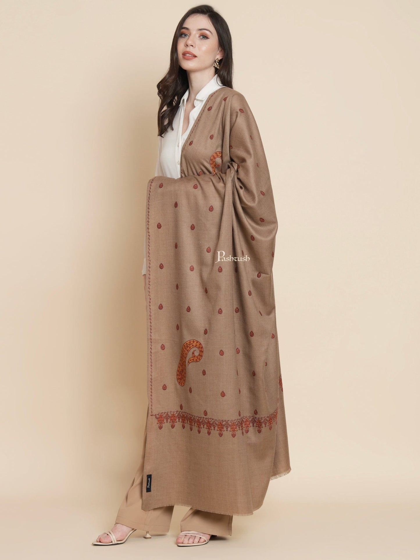 Pashtush India Womens Shawls Pashtush Womens Womens, Fine Wool, Paisley Kashmiri Kunj Embroidery, Taupe