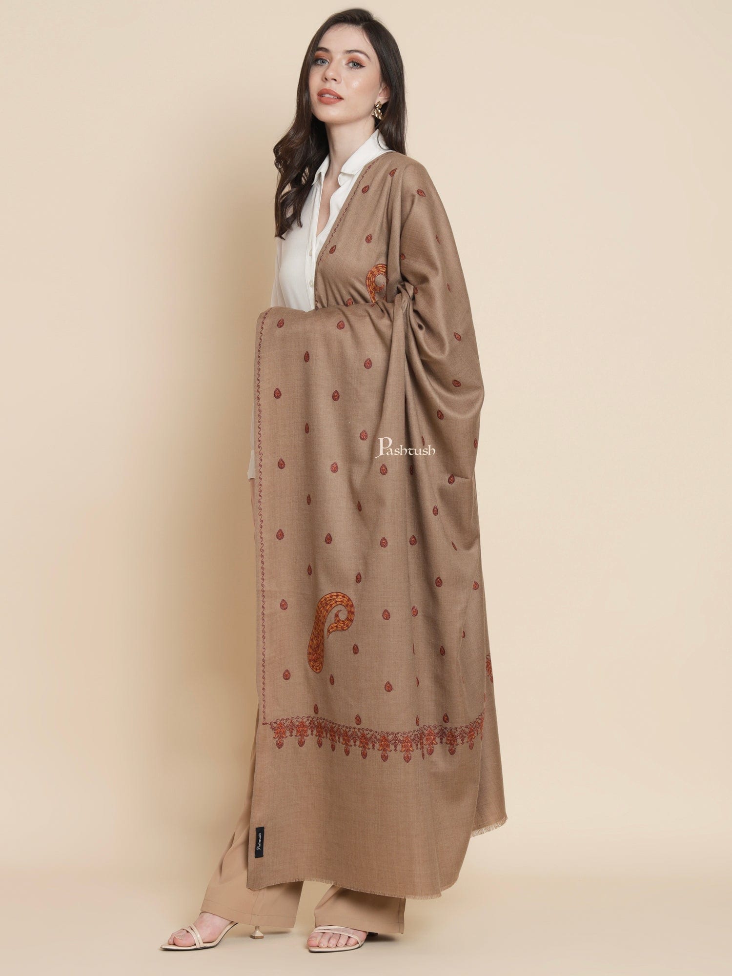 Pashtush India Womens Shawls Pashtush Womens Womens, Fine Wool, Paisley Kashmiri Kunj Embroidery, Taupe
