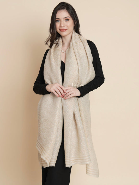 Pashtush India Womens Shawls Pashtush Womens Womens, Wool Extra Fine Count , Geometric Twilight Collection, Soft Metallic Thread  Woven, Ivory