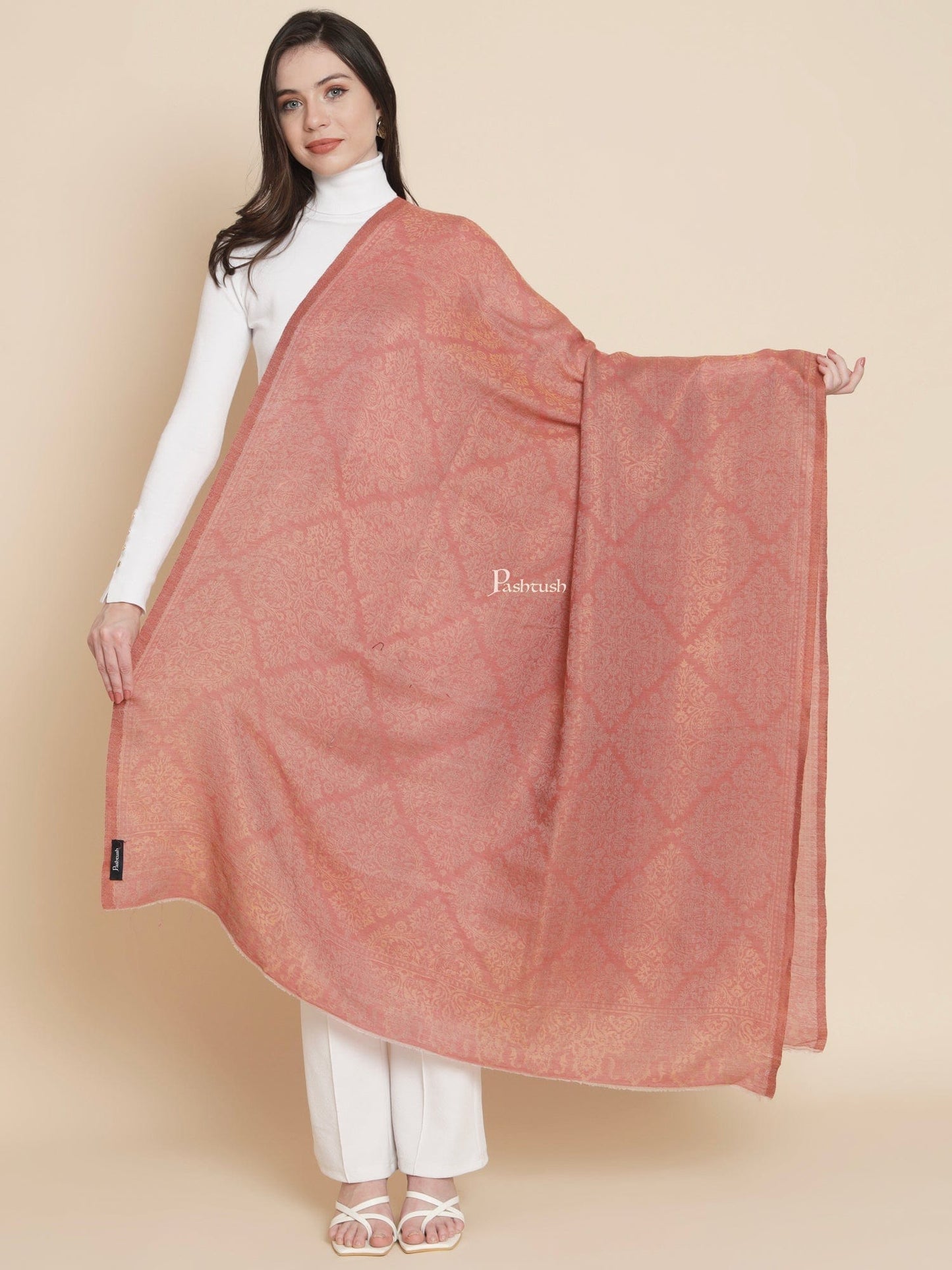Pashtush India Womens Shawls Pashtush Womens Womens, Wool Extra Fine Count , Geometric Twilight Collection, Soft Metallic Thread Woven, Rose