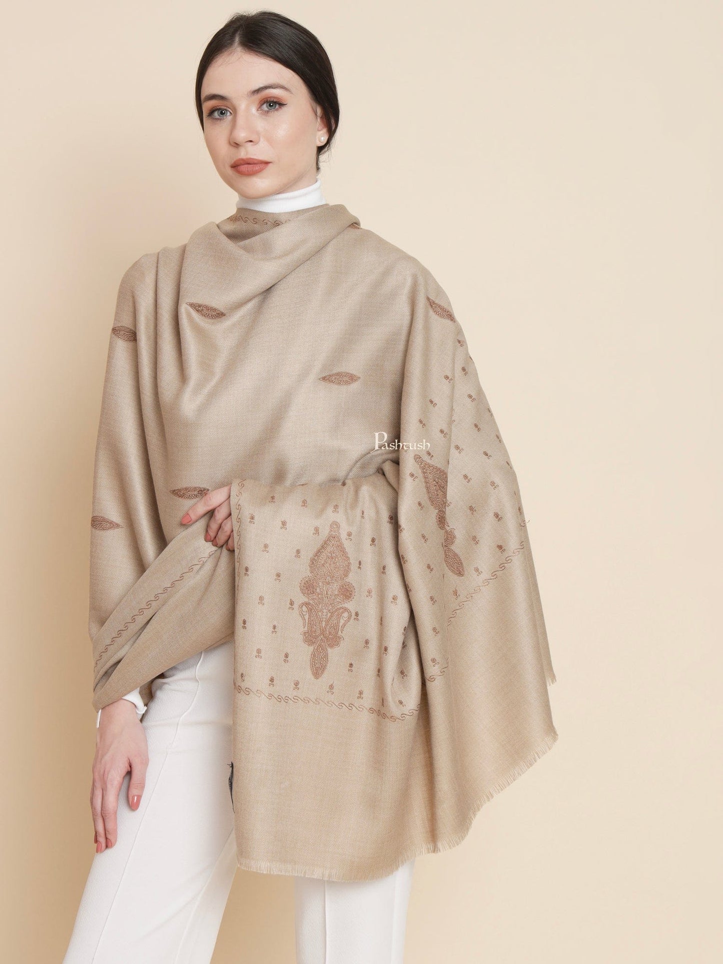 Pashtush India Womens Shawls Pashtush Womens Womens, Woollen, Ethnic Motif Bootey Embroidery, Beige