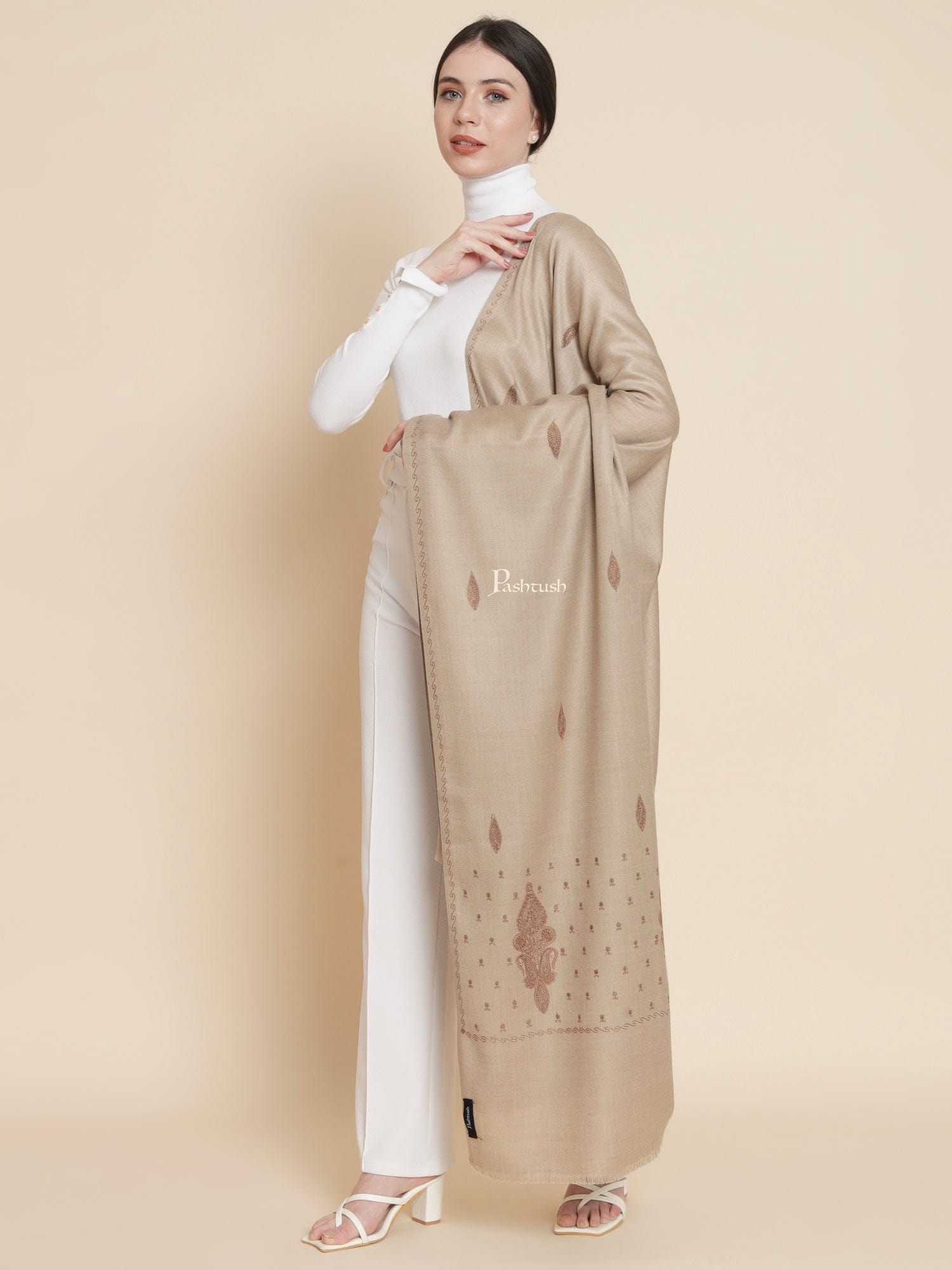 Pashtush India Womens Shawls Pashtush Womens Womens, Woollen, Ethnic Motif Bootey Embroidery, Beige