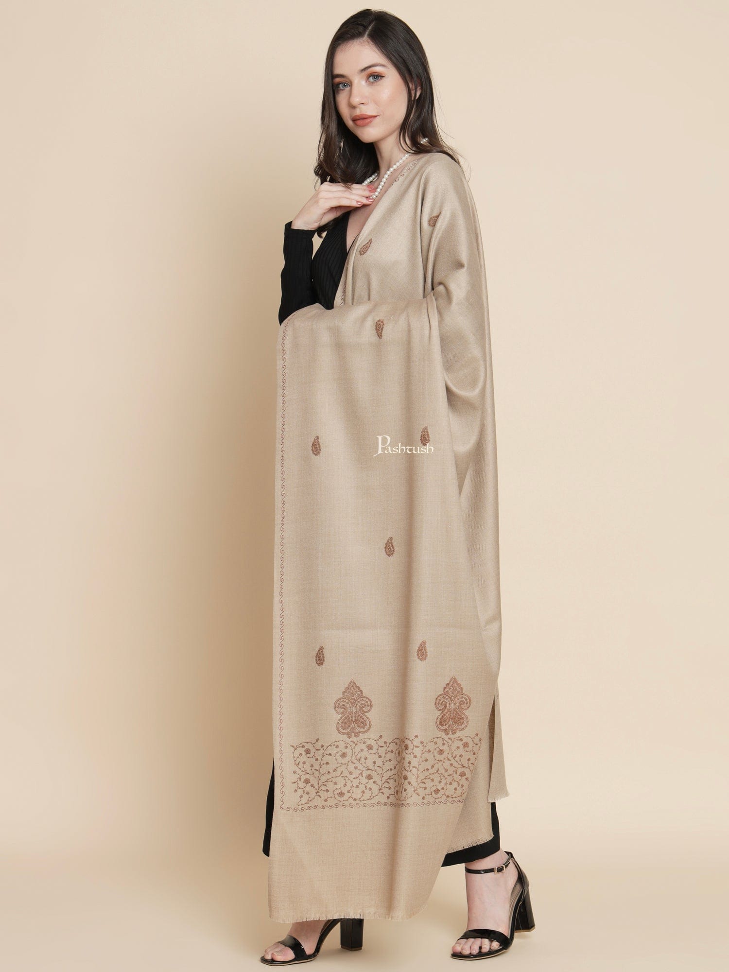 Pashtush India Womens Shawls Pashtush Womens Womens, Woollen, Ethnic Motif Bootey Embroidery, Beige