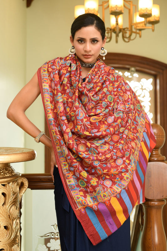 Pashtush India Womens Shawls Pashtush Womens Wool Extra Fine Count  Shawl, Extra Fine Count, Kalamkari Embroidery Design, Multicolour