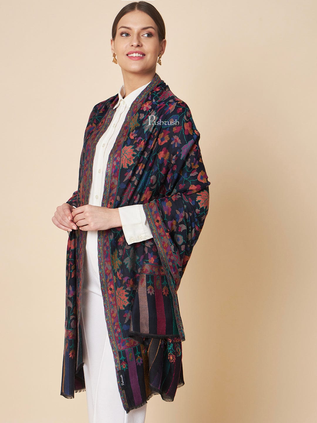 Pashtush India Womens Shawls Pashtush Womens Wool Extra Fine Count  Shawl, Woven Ehtnic  Chinaar Design, Blue