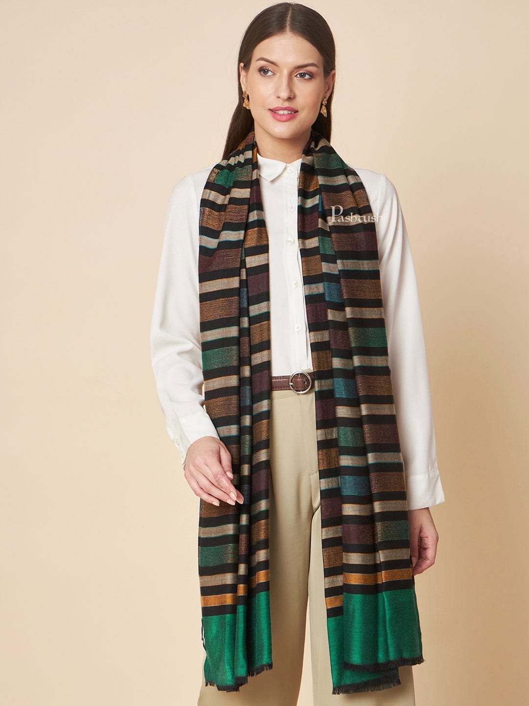 Pashtush India Womens Stoles and Scarves Scarf Pashtush Womens Wool Extra Fine Count  Stole, Striped Ombre Design, Multicolour