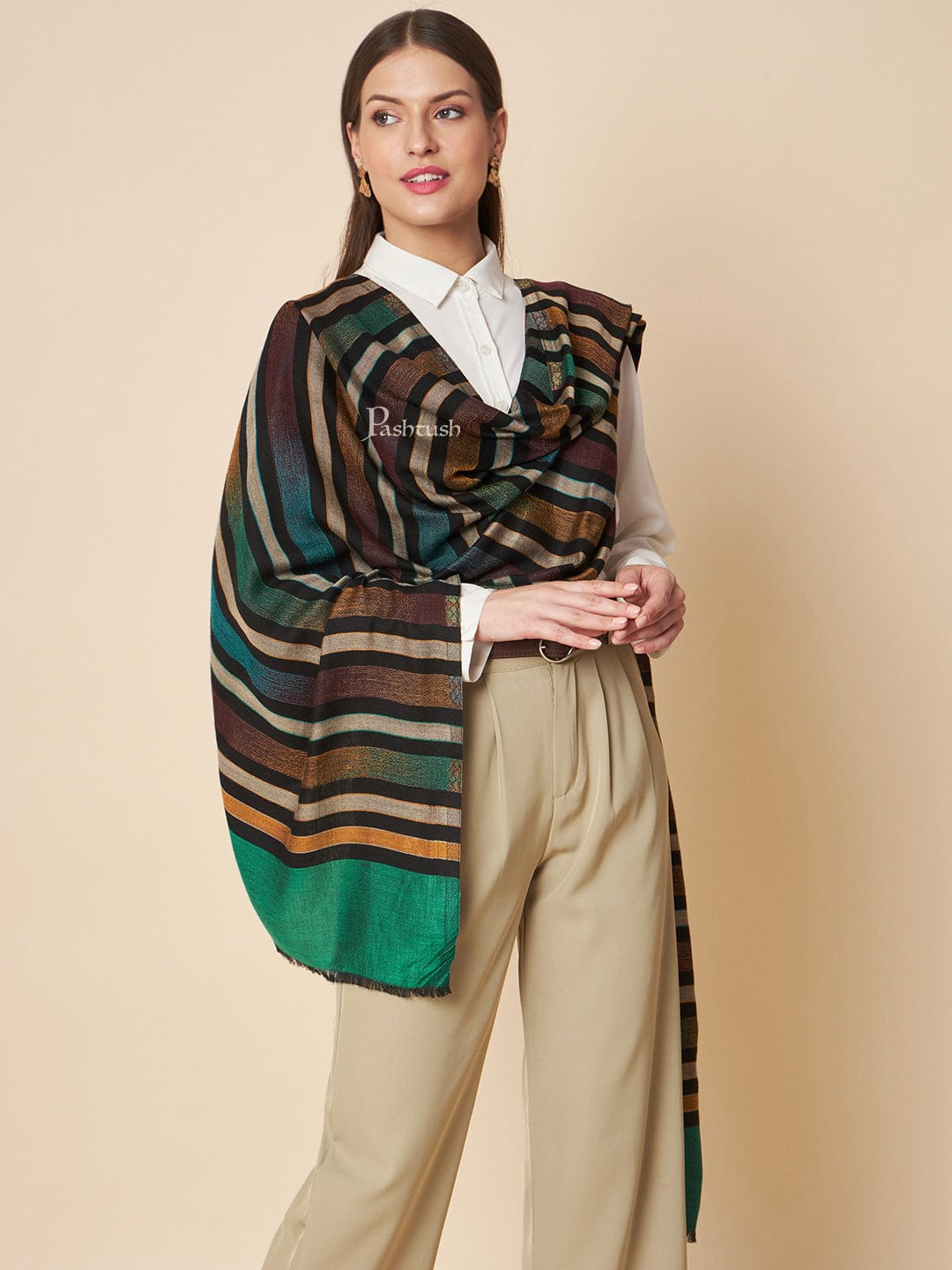 Pashtush India Womens Stoles and Scarves Scarf Pashtush Womens Wool Extra Fine Count  Stole, Striped Ombre Design, Multicolour