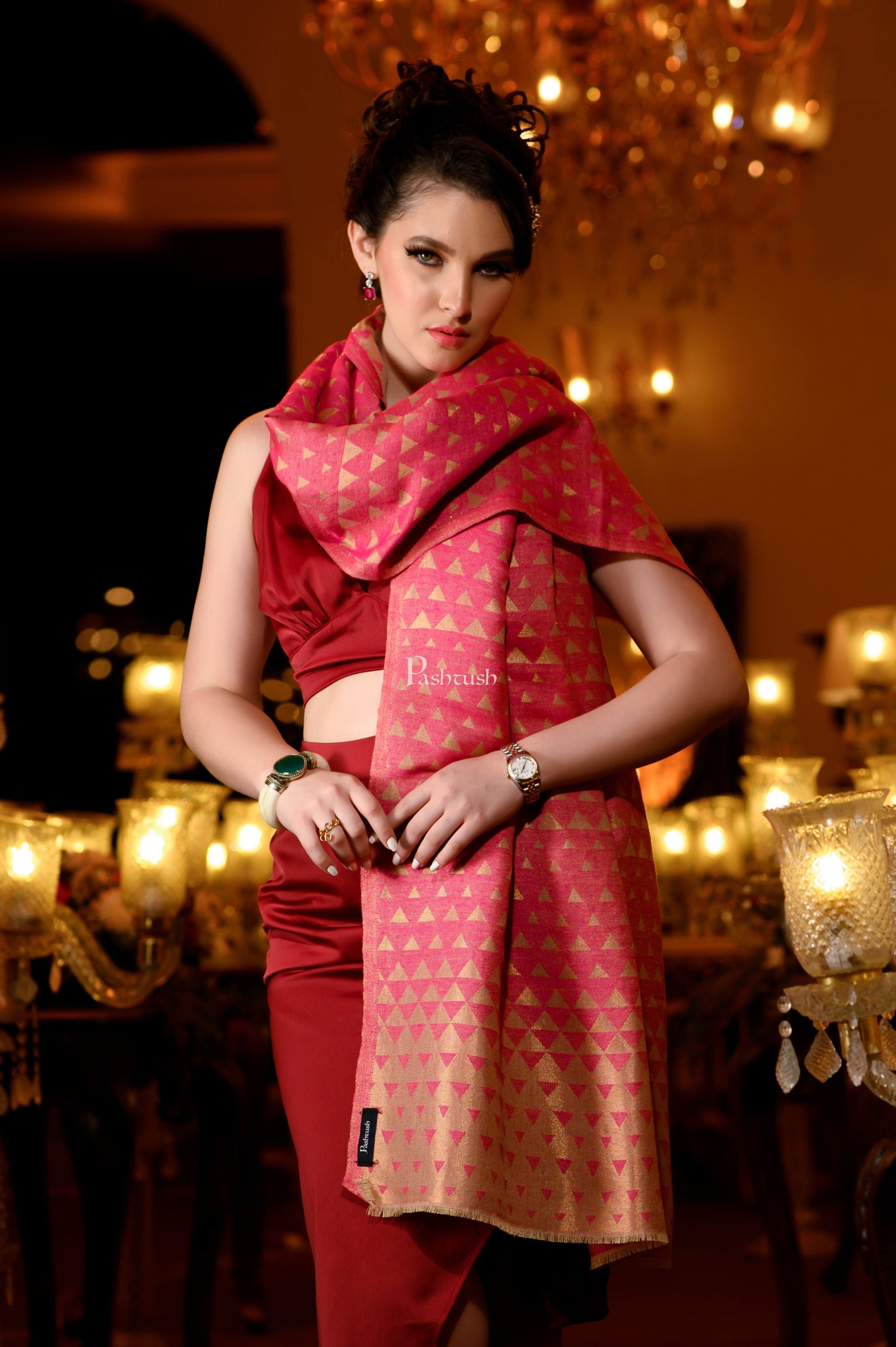 Pashtush India Womens Stoles and Scarves Scarf Pashtush Womens Wool Extra Fine Count Stole, Twilight Collection Reversible Design, Dark Pink