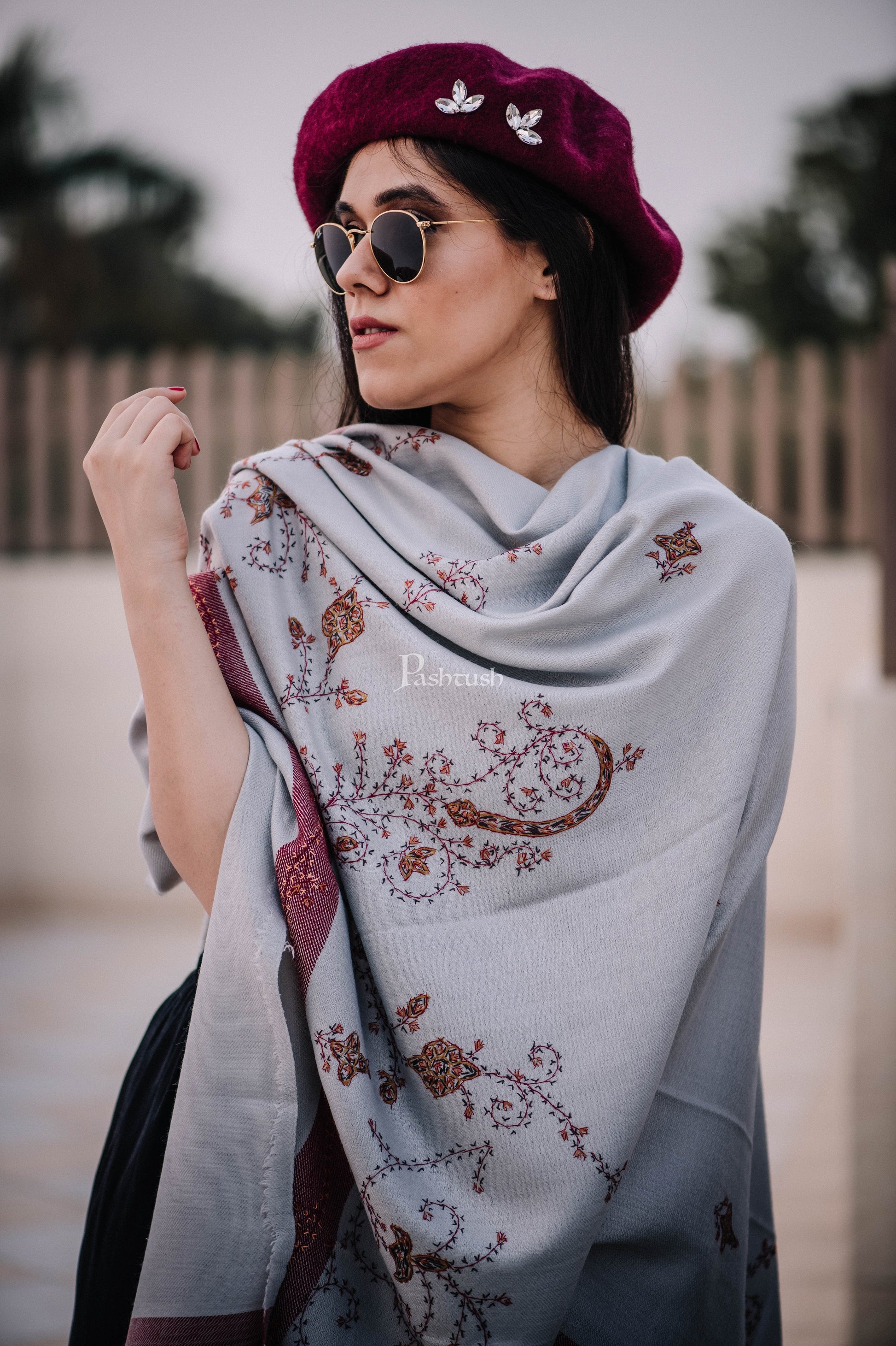 Pashtush India Womens Shawls Pashtush Womens Wool Shawl With 100% Hand Embroidery, Large Wrap Shawl