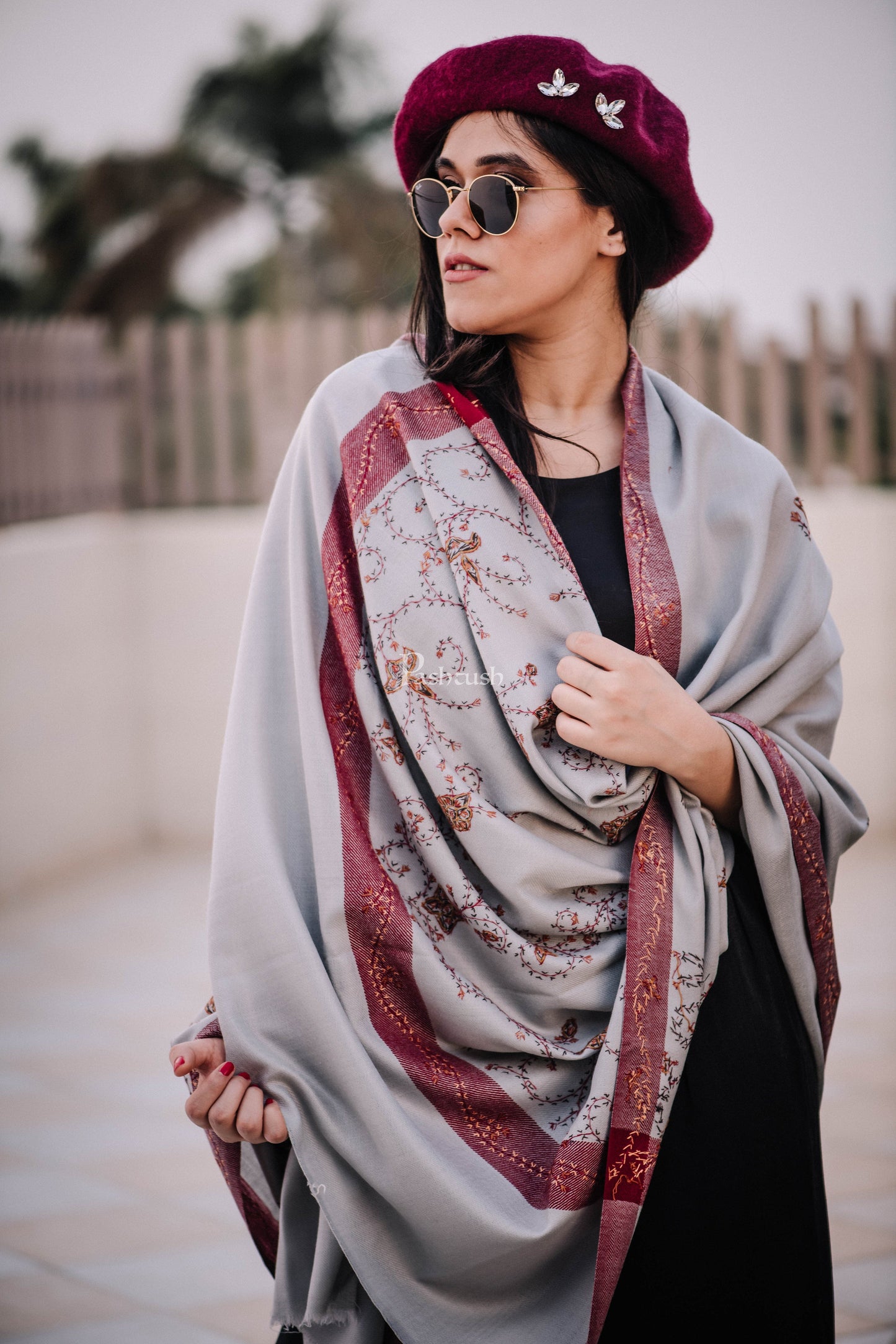 Pashtush India Womens Shawls Pashtush Womens Wool Shawl With 100% Hand Embroidery, Large Wrap Shawl