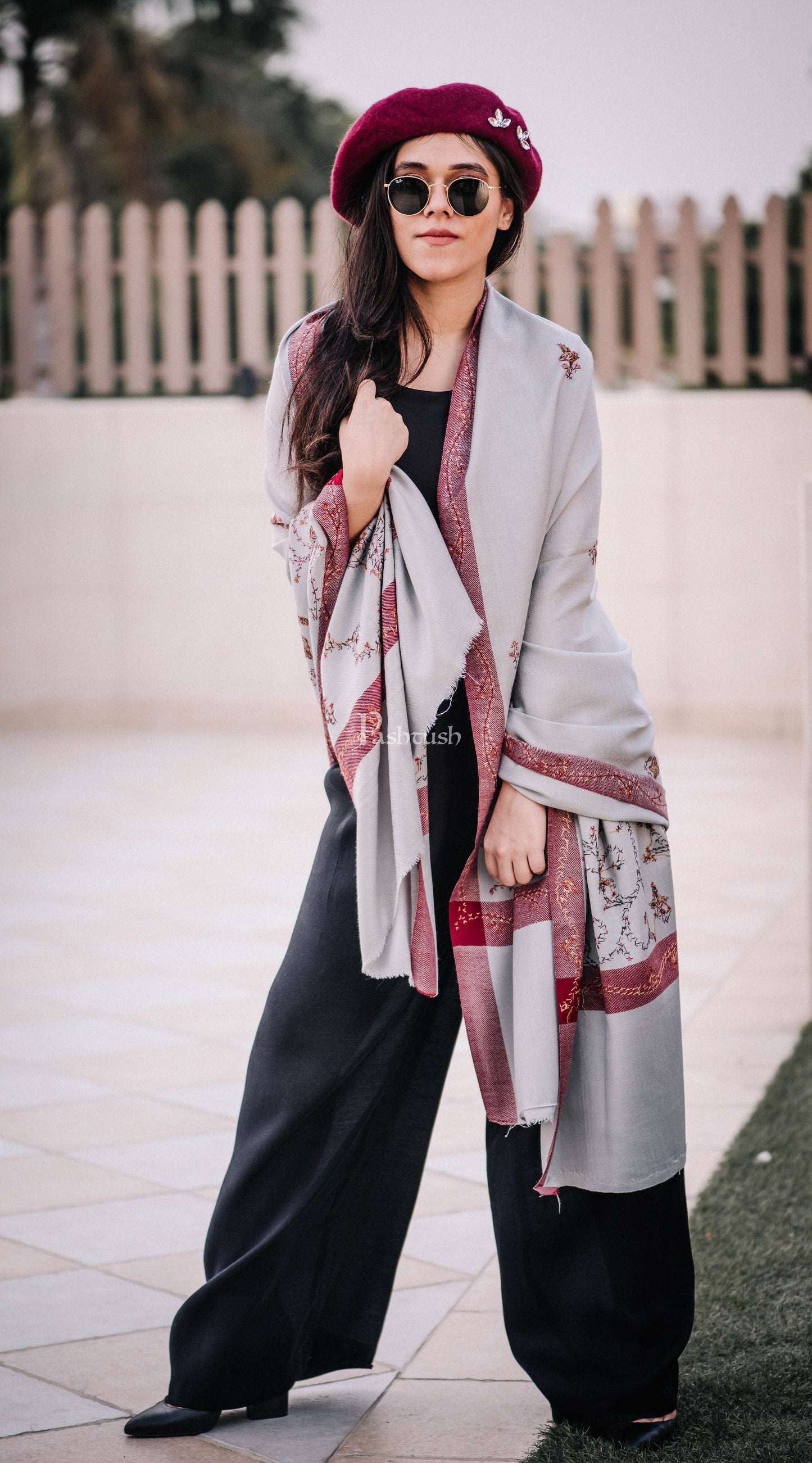 Pashtush India Womens Shawls Pashtush Womens Wool Shawl With 100% Hand Embroidery, Large Wrap Shawl