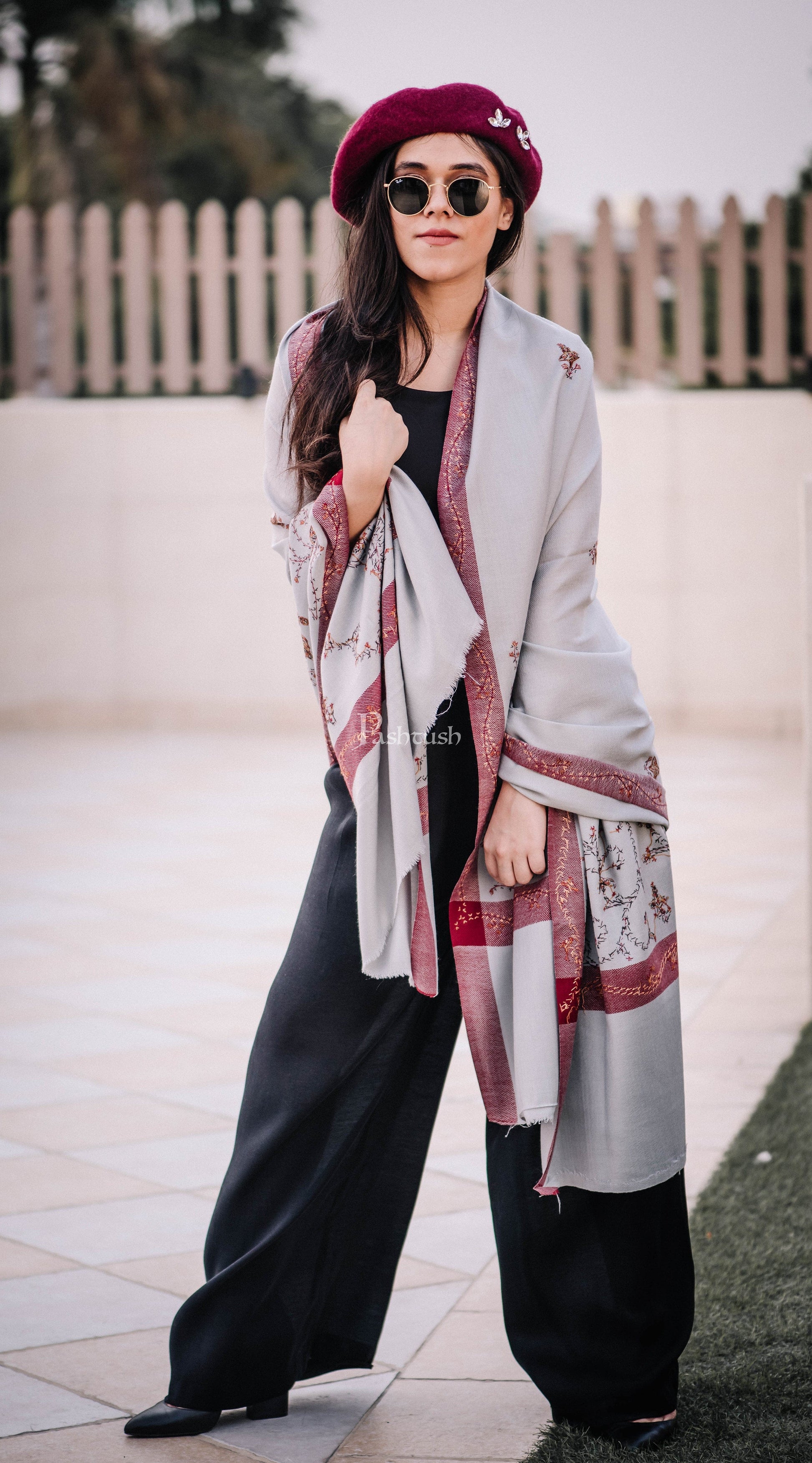 Pashtush India Womens Shawls Pashtush Womens Wool Shawl With 100% Hand Embroidery, Large Wrap Shawl
