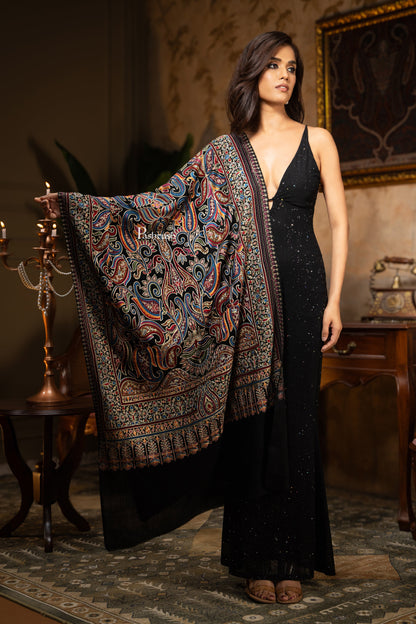 Pashtush India Womens Shawls Pashtush Womens Wool Silk Stole, Silky Embroidery, Fine Stitch Design, Black