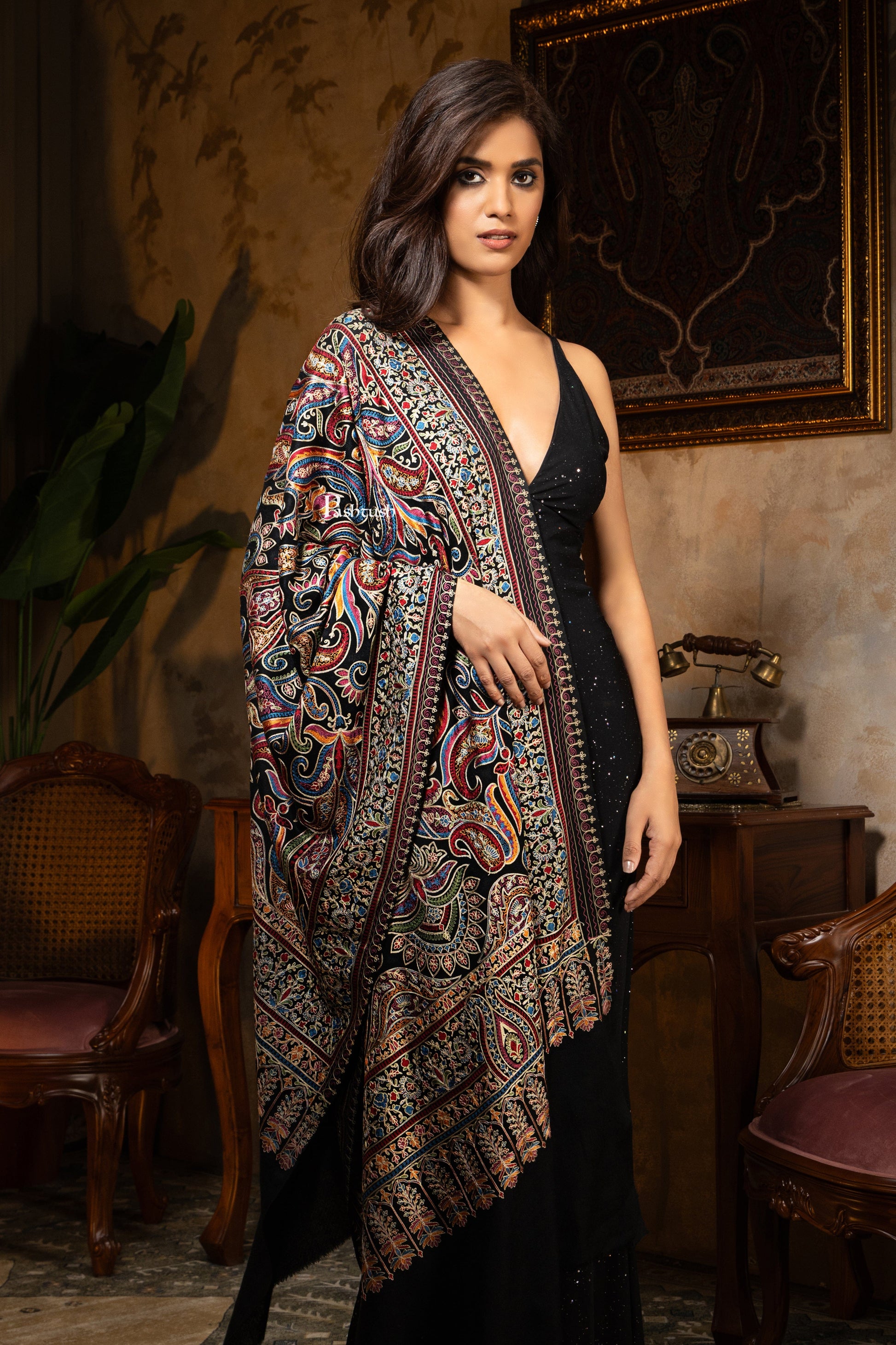 Pashtush India Womens Shawls Pashtush Womens Wool Silk Stole, Silky Embroidery, Fine Stitch Design, Black