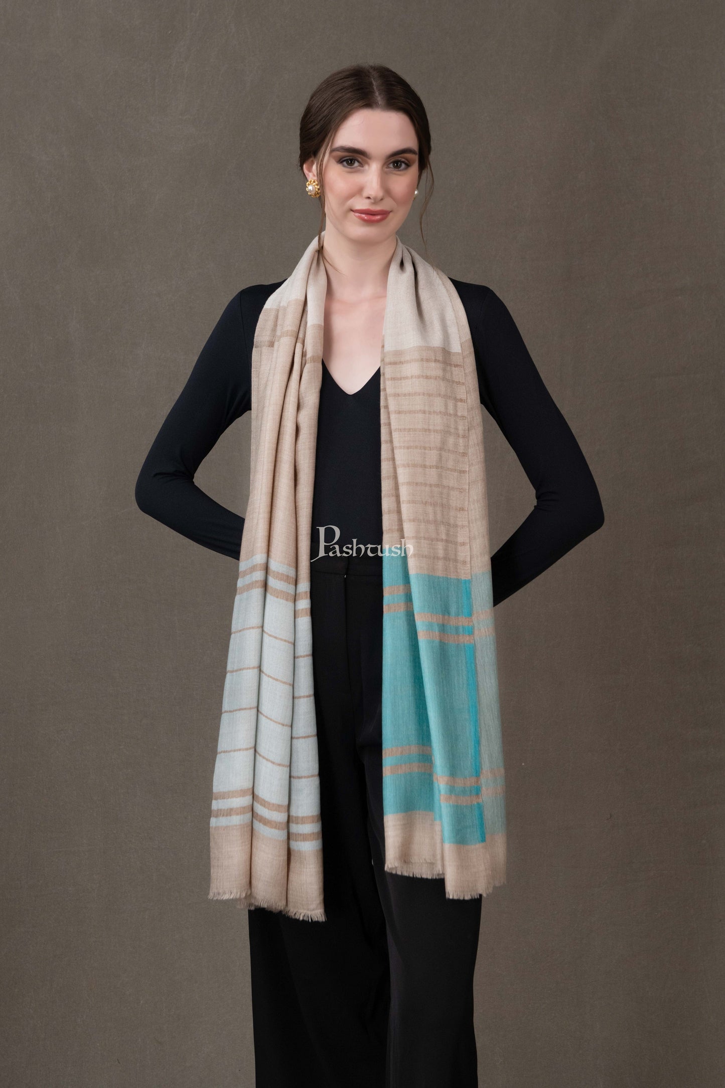 Pashtush India Womens Stoles and Scarves Scarf Pashtush Womens Wool Silk Stole, Twilight Collection, Beige And Blue