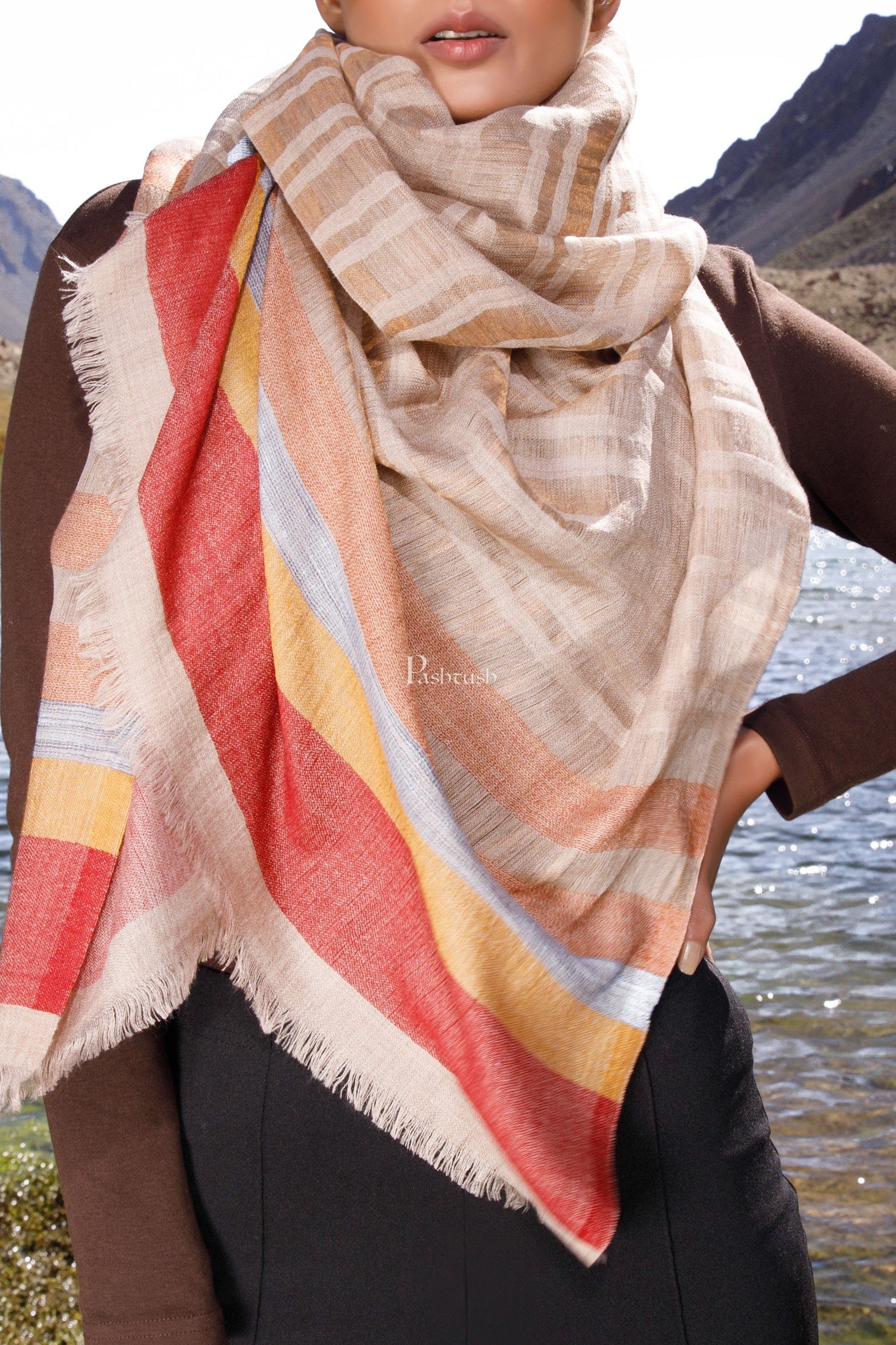 Pashtush India Womens Stoles and Scarves Scarf Pashtush Womens Wool Silk Stole, Twilight Collection, Soft Woven Stripes Design, Earthy Tan